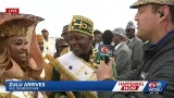 Hail Zulu! King and queen of Zulu arrive at Woldenberg Park on Lundi Gras